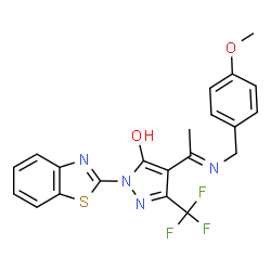 ChemSpider 2D Image | 1-(1,3-Benzothiazol-2-yl)-4-[(1E)-N-(4-methoxybenzyl)ethanimidoyl]-3-(trifluoromethyl)-1H-pyrazol-5-ol | C21H17F3N4O2S