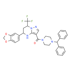 ChemSpider 2D Image | [5-(1,3-Benzodioxol-5-yl)-7-(trifluoromethyl)-4,5,6,7-tetrahydropyrazolo[1,5-a]pyrimidin-3-yl][4-(diphenylmethyl)-1-piperazinyl]methanone | C32H30F3N5O3