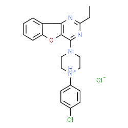 ChemSpider 2D Image | 1-(4-Chlorophenyl)-4-(2-ethyl[1]benzofuro[3,2-d]pyrimidin-4-yl)piperazin-1-ium chloride | C22H22Cl2N4O
