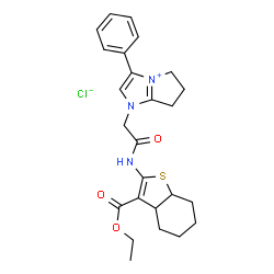 ChemSpider 2D Image | 1-(2-{[3-(Ethoxycarbonyl)-3a,4,5,6,7,7a-hexahydro-1-benzothiophen-2-yl]amino}-2-oxoethyl)-3-phenyl-1,5,6,7-tetrahydropyrrolo[1,2-a]imidazol-4-ium chloride | C25H30ClN3O3S
