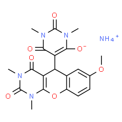ChemSpider 2D Image | Ammonium 5-(7-methoxy-1,3-dimethyl-2,4-dioxo-1,3,4,5-tetrahydro-2H-chromeno[2,3-d]pyrimidin-5-yl)-1,3-dimethyl-2,6-dioxo-1,2,3,6-tetrahydro-4-pyrimidinolate | C20H23N5O7
