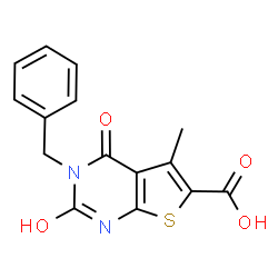 ChemSpider 2D Image | 3-Benzyl-5-methyl-2,4-dioxo-1,2,3,4-tetrahydrothieno[2,3-d]pyrimidine-6-carboxylic acid | C15H12N2O4S