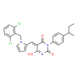ChemSpider 2D Image | (5E)-1-(4-sec-Butylphenyl)-5-{[1-(2,6-dichlorobenzyl)-1H-pyrrol-2-yl]methylene}-2,4,6(1H,3H,5H)-pyrimidinetrione | C26H23Cl2N3O3