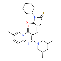 ChemSpider 2D Image | 3-[(E)-(3-Cyclohexyl-4-oxo-2-thioxo-1,3-thiazolidin-5-ylidene)methyl]-2-(3,5-dimethyl-1-piperidinyl)-7-methyl-4H-pyrido[1,2-a]pyrimidin-4-one | C26H32N4O2S2