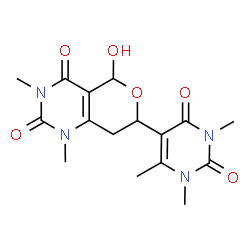ChemSpider 2D Image | 5-Hydroxy-1,3-dimethyl-7-(1,3,6-trimethyl-2,4-dioxo-1,2,3,4-tetrahydro-5-pyrimidinyl)-1,5,7,8-tetrahydro-2H-pyrano[4,3-d]pyrimidine-2,4(3H)-dione | C16H20N4O6