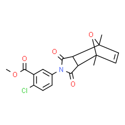 ChemSpider 2D Image | Methyl 2-chloro-5-(1,7-dimethyl-3,5-dioxo-10-oxa-4-azatricyclo[5.2.1.0~2,6~]dec-8-en-4-yl)benzoate | C18H16ClNO5