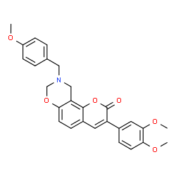 ChemSpider 2D Image | 3-(3,4-Dimethoxyphenyl)-9-(4-methoxybenzyl)-9,10-dihydro-2H,8H-chromeno[8,7-e][1,3]oxazin-2-one | C27H25NO6