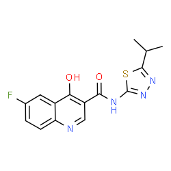 ChemSpider 2D Image | 6-Fluoro-4-hydroxy-N-(5-isopropyl-1,3,4-thiadiazol-2-yl)-3-quinolinecarboxamide | C15H13FN4O2S