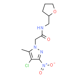ChemSpider 2D Image | 2-(4-Chloro-5-methyl-3-nitro-1H-pyrazol-1-yl)-N-(tetrahydro-2-furanylmethyl)acetamide | C11H15ClN4O4