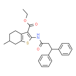 ChemSpider 2D Image | Ethyl 2-[(3,3-diphenylpropanoyl)amino]-6-methyl-4,5,6,7-tetrahydro-1-benzothiophene-3-carboxylate | C27H29NO3S