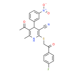 ChemSpider 2D Image | 5-Acetyl-2-{[2-(4-fluorophenyl)-2-oxoethyl]sulfanyl}-6-methyl-4-(3-nitrophenyl)-1,4-dihydro-3-pyridinecarbonitrile | C23H18FN3O4S