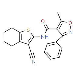 ChemSpider 2D Image | N-(3-Cyano-4,5,6,7-tetrahydro-1-benzothiophen-2-yl)-5-methyl-3-phenyl-1,2-oxazole-4-carboxamide | C20H17N3O2S