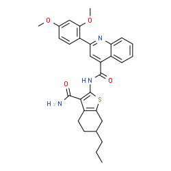 ChemSpider 2D Image | N-(3-Carbamoyl-6-propyl-4,5,6,7-tetrahydro-1-benzothiophen-2-yl)-2-(2,4-dimethoxyphenyl)-4-quinolinecarboxamide | C30H31N3O4S