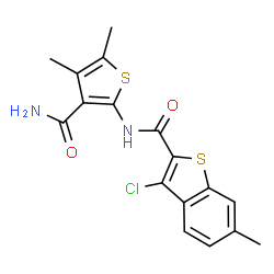 ChemSpider 2D Image | N-(3-Carbamoyl-4,5-dimethyl-2-thienyl)-3-chloro-6-methyl-1-benzothiophene-2-carboxamide | C17H15ClN2O2S2