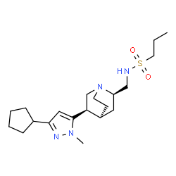 ChemSpider 2D Image | N-{[(2R,4S,5R)-5-(3-Cyclopentyl-1-methyl-1H-pyrazol-5-yl)-1-azabicyclo[2.2.2]oct-2-yl]methyl}-1-propanesulfonamide | C20H34N4O2S