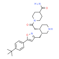 ChemSpider 2D Image | 1-{[(3R,4S)-3-({5-[4-(2-Methyl-2-propanyl)phenyl]-1,2-oxazol-3-yl}methyl)-4-piperidinyl]acetyl}-4-piperidinecarboxamide | C27H38N4O3