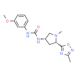 ChemSpider 2D Image | 1-(3-Methoxyphenyl)-3-[(3S,5S)-1-methyl-5-(3-methyl-1,2,4-oxadiazol-5-yl)-3-pyrrolidinyl]urea | C16H21N5O3