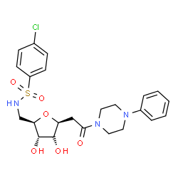 ChemSpider 2D Image | 4-Chloro-N-({(2R,3S,4S,5S)-3,4-dihydroxy-5-[2-oxo-2-(4-phenyl-1-piperazinyl)ethyl]tetrahydro-2-furanyl}methyl)benzenesulfonamide | C23H28ClN3O6S
