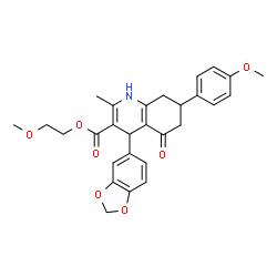 ChemSpider 2D Image | 2-Methoxyethyl 4-(1,3-benzodioxol-5-yl)-7-(4-methoxyphenyl)-2-methyl-5-oxo-1,4,5,6,7,8-hexahydro-3-quinolinecarboxylate | C28H29NO7