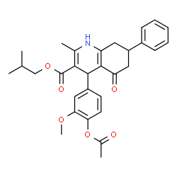 ChemSpider 2D Image | Isobutyl 4-(4-acetoxy-3-methoxyphenyl)-2-methyl-5-oxo-7-phenyl-1,4,5,6,7,8-hexahydro-3-quinolinecarboxylate | C30H33NO6