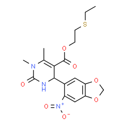 ChemSpider 2D Image | 2-(Ethylsulfanyl)ethyl 1,6-dimethyl-4-(6-nitro-1,3-benzodioxol-5-yl)-2-oxo-1,2,3,4-tetrahydro-5-pyrimidinecarboxylate | C18H21N3O7S