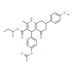 ChemSpider 2D Image | sec-Butyl 4-(4-acetoxyphenyl)-7-(4-methoxyphenyl)-2-methyl-5-oxo-1,4,5,6,7,8-hexahydro-3-quinolinecarboxylate | C30H33NO6