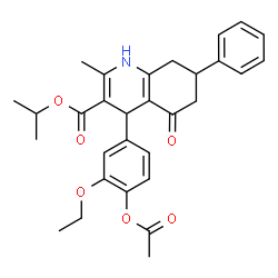 ChemSpider 2D Image | Isopropyl 4-(4-acetoxy-3-ethoxyphenyl)-2-methyl-5-oxo-7-phenyl-1,4,5,6,7,8-hexahydro-3-quinolinecarboxylate | C30H33NO6