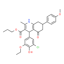 ChemSpider 2D Image | Propyl 4-(3-chloro-5-ethoxy-4-hydroxyphenyl)-7-(4-methoxyphenyl)-2-methyl-5-oxo-1,4,5,6,7,8-hexahydro-3-quinolinecarboxylate | C29H32ClNO6