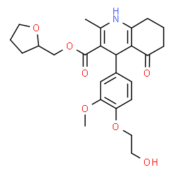 ChemSpider 2D Image | Tetrahydro-2-furanylmethyl 4-[4-(2-hydroxyethoxy)-3-methoxyphenyl]-2-methyl-5-oxo-1,4,5,6,7,8-hexahydro-3-quinolinecarboxylate | C25H31NO7