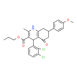 ChemSpider 2D Image | Propyl 4-(2,3-dichlorophenyl)-7-(4-methoxyphenyl)-2-methyl-5-oxo-1,4,5,6,7,8-hexahydro-3-quinolinecarboxylate | C27H27Cl2NO4