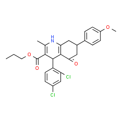 ChemSpider 2D Image | Propyl 4-(2,4-dichlorophenyl)-7-(4-methoxyphenyl)-2-methyl-5-oxo-1,4,5,6,7,8-hexahydro-3-quinolinecarboxylate | C27H27Cl2NO4