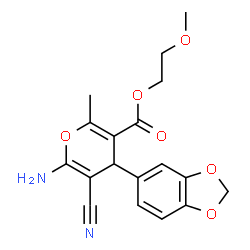 ChemSpider 2D Image | 2-Methoxyethyl 6-amino-4-(1,3-benzodioxol-5-yl)-5-cyano-2-methyl-4H-pyran-3-carboxylate | C18H18N2O6