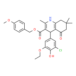 ChemSpider 2D Image | 4-Methoxybenzyl 4-(3-chloro-5-ethoxy-4-hydroxyphenyl)-2,7,7-trimethyl-5-oxo-1,4,5,6,7,8-hexahydro-3-quinolinecarboxylate | C29H32ClNO6