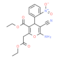 ChemSpider 2D Image | Ethyl 6-amino-5-cyano-2-(2-ethoxy-2-oxoethyl)-4-(2-nitrophenyl)-4H-pyran-3-carboxylate | C19H19N3O7