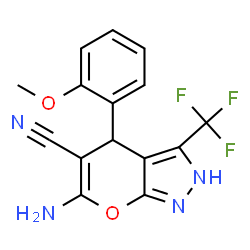 ChemSpider 2D Image | 6-Amino-4-(2-methoxyphenyl)-3-(trifluoromethyl)-2,4-dihydropyrano[2,3-c]pyrazole-5-carbonitrile | C15H11F3N4O2