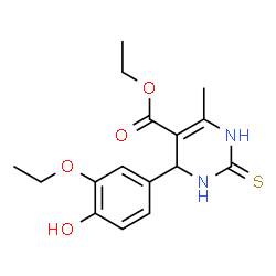 ChemSpider 2D Image | Ethyl 4-(3-ethoxy-4-hydroxyphenyl)-6-methyl-2-thioxo-1,2,3,4-tetrahydro-5-pyrimidinecarboxylate | C16H20N2O4S