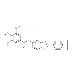 ChemSpider 2D Image | 3,4,5-Trimethoxy-N-{2-[4-(2-methyl-2-propanyl)phenyl]-1,3-benzoxazol-5-yl}benzamide | C27H28N2O5