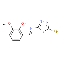 ChemSpider 2D Image | 2-Methoxy-6-{(E)-[(5-sulfanyl-1,3,4-thiadiazol-2-yl)imino]methyl}phenol | C10H9N3O2S2