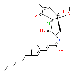 ChemSpider 2D Image | (2E,4E,6R)-N-[(1S,2S,3S,5S)-1-Chloro-2,5-dihydroxy-9-methoxy-7-methyl-8-oxobicyclo[3.3.1]non-6-en-3-yl]-4,6-dimethyl-2,4-dodecadienamide | C25H38ClNO5