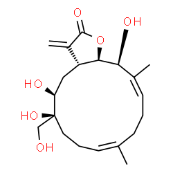 ChemSpider 2D Image | cyclotetradeca[b]furan-2(3H)-one, 3a,4,5,6,7,8,11,12,15,15a-decahydro-5,6,15-trihydroxy-6-(hydroxymethyl)-10,14-dimethyl-3-methylene-, (3aR,5S,6S,9Z,13Z,15S,15aR)- | C20H30O6