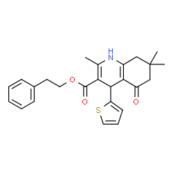 ChemSpider 2D Image | 2-Phenylethyl 2,7,7-trimethyl-5-oxo-4-(2-thienyl)-1,4,5,6,7,8-hexahydro-3-quinolinecarboxylate | C25H27NO3S