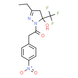 ChemSpider 2D Image | 1-[3-Ethyl-5-hydroxy-5-(trifluoromethyl)-4,5-dihydro-1H-pyrazol-1-yl]-2-(4-nitrophenyl)ethanone | C14H14F3N3O4