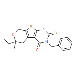 ChemSpider 2D Image | 3-Benzyl-6-ethyl-6-methyl-2-thioxo-1,2,3,5,6,8-hexahydro-4H-pyrano[4',3':4,5]thieno[2,3-d]pyrimidin-4-one | C19H20N2O2S2