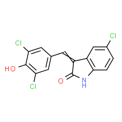 ChemSpider 2D Image | 5-Chloro-3-(3,5-dichloro-4-hydroxybenzylidene)-1,3-dihydro-2H-indol-2-one | C15H8Cl3NO2
