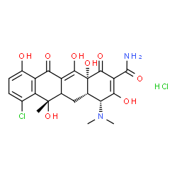 ChemSpider 2D Image | (4R,4aS,6S,12aR)-7-Chloro-4-(dimethylamino)-3,6,10,12,12a-pentahydroxy-6-methyl-1,11-dioxo-1,4,4a,5,5a,6,11,12a-octahydro-2-tetracenecarboxamide hydrochloride | C22H24Cl2N2O8