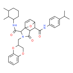 ChemSpider 2D Image | 3-(2,3-Dihydro-1,4-benzodioxin-2-ylmethyl)-N~2~-(2,3-dimethylcyclohexyl)-N~6~-(4-isopropylphenyl)-4-oxo-10-oxa-3-azatricyclo[5.2.1.0~1,5~]dec-8-ene-2,6-dicarboxamide | C36H43N3O6