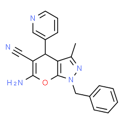 ChemSpider 2D Image | 6-amino-1-benzyl-3-methyl-4-pyridin-3-yl-1,4-dihydropyrano[2,3-c]pyrazole-5-carbonitrile | C20H17N5O