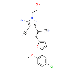 ChemSpider 2D Image | 5-Amino-3-{2-[5-(5-chloro-2-methoxyphenyl)-2-furyl]-1-cyanovinyl}-1-(2-hydroxyethyl)-1H-pyrazole-4-carbonitrile | C20H16ClN5O3