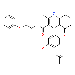 ChemSpider 2D Image | 2-Phenoxyethyl 4-(4-acetoxy-3-methoxyphenyl)-2-methyl-5-oxo-1,4,5,6,7,8-hexahydro-3-quinolinecarboxylate | C28H29NO7