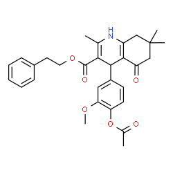 ChemSpider 2D Image | 2-Phenylethyl 4-(4-acetoxy-3-methoxyphenyl)-2,7,7-trimethyl-5-oxo-1,4,5,6,7,8-hexahydro-3-quinolinecarboxylate | C30H33NO6